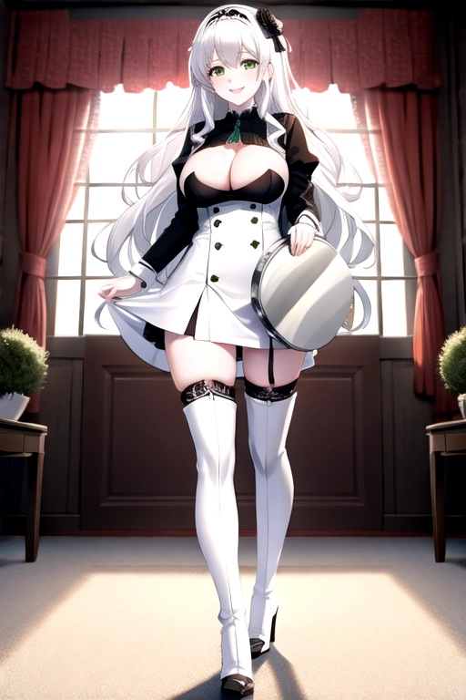 8k quality, green eyes, pale white skin, white hair, giant breasts, cleavage, looking at viewer, pov, long hair, wavy hair, full body photo, standing in living room, smiling, black minidress, miniskirt, high heels, thigh high boots, carrying tray