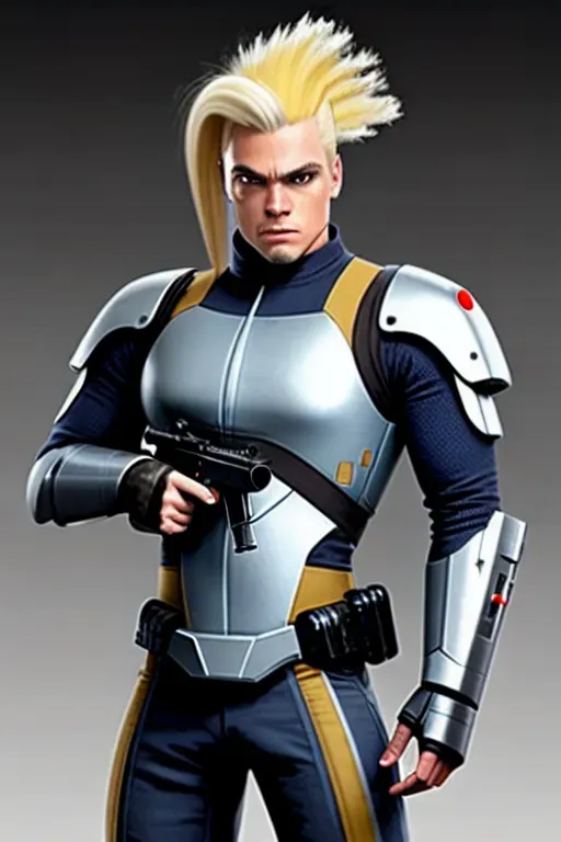 A sci-fi gunslinguer male cyborg with one pony tail and blonde hair, firing two pistols