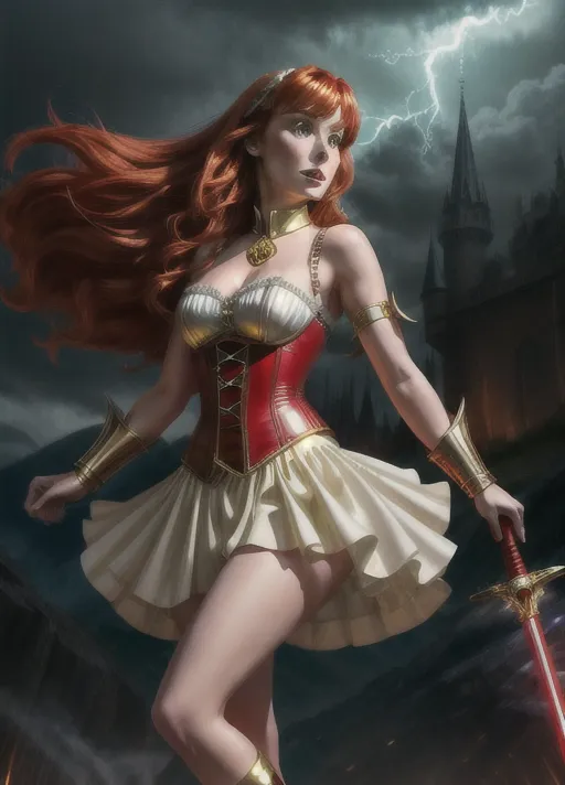 An 8k digital photo of, 30-year-old Felicia Day, dressed in costume from The Guild consisting of white mini-dress with gold accents red corset with gold accents white leather forearm bracers with gold accents red and gold knee guards and red high heeled shoes with black leather straps crossing up her calves to the knee, carrying a wizards staff topped with a glowing green orb, an ominous smoky medieval valley in background, lit by blue lightning flashes and orange-red flames reflecting off clouds in the sky, detailed background, looking at camera, <lora:dpmg_add_detail:1>, cinematic lighting, dramatic pov, dramatic lighting, ultra realistic facial features, sexy pose,