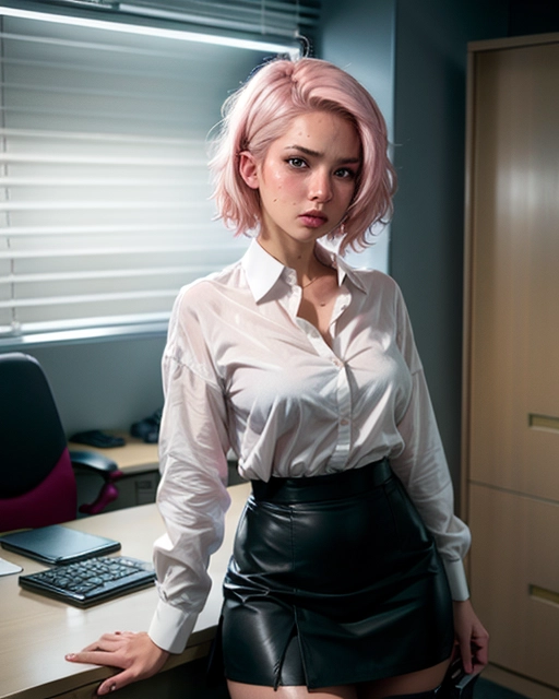 establishing shot, (((loose office attire, white blouse, black mini skirt))), slim curvy, (hyper-realistic face:1.3), 32k uhd --ar 9:16 --stylize 750 --v 6, realistic,((((solo)))), nudity, (((short messy pink hair))), (small breasts:1), breasts focus, wet skin, lips, perfect-hard-nipples, solo_focus, eye-contact, lifted mini skirt uncensored, ((torn office attire)), (((tsundere expression))),
background dark apartment, sweaty, (((exhausted))),uncensored,
<lora:dpmg_add_detail:0.5>, (best quality),
beautiful, (((masterpiece))),(high resolution), (uhd), (8k),
sensual shy smile, ahegao,