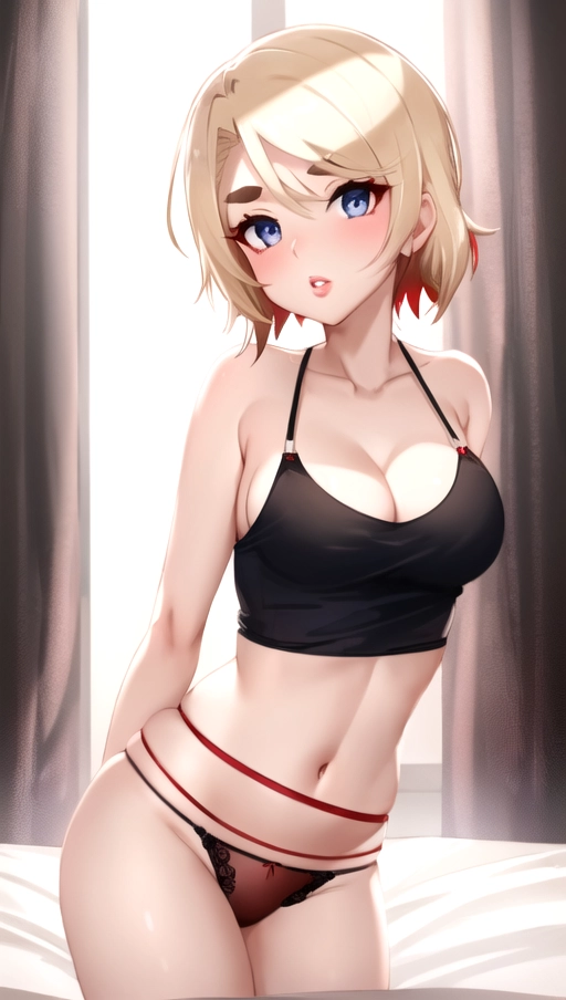 lithe,black red camisole,red panties,natural breasts,five fingers per hand,short straight blonde hair,blue eyes,beautiful faces,beautiful lips,curved eyebrows,curved eyelids,textured skin,professional,satisfaction,unreal engine,bokeh,sharp focus,bedroom