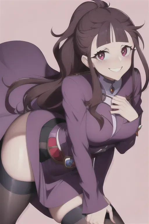 Adult woman, 30 year old Ako ((little witch academia)), smiling, red eyes, short brown hair, short ponytail, short bangs, petite body, long legs, stockings, blush, purple robe, skirt,