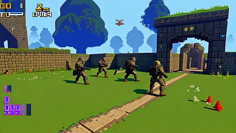 A first person shooter game in the style of very old pixelated graphics from the 1980s Commodore64 and Amiga computers:99999999.9999, crypts, graveyards, temples, courtyards, castles, monsters, demons, aliens, undead, soldiers, action-packed, warfare, castlecore, military ouposts, military checkpoints, barricades, tunnels, magic, spellcast, spellcasting, futurecore, futuristiccore, soldiers wearing power armor, soldiers wearing exoskeleton,<lora:SDPA_768:1555.5>, <lora:mPixel_v30MordenPixel:15555.5>, pixel art, Amiga style pixel art, Commodore64 pixel art, Commodore64 style Pixel Art, first person perspective, first person shooter game:99999.999,