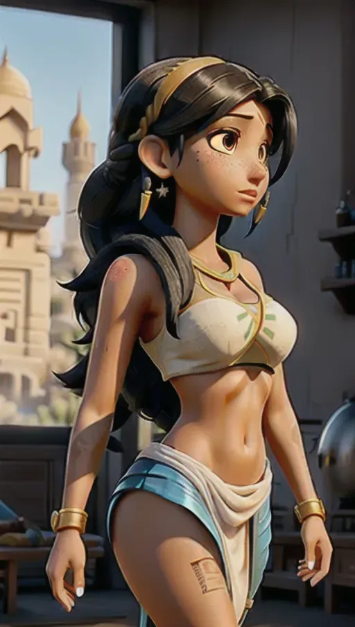 videogame art of, ((a perfect blend between pharah and princess jasmine)), nympho,braids hair, full body nudity, explicit, slender, flat chest, emancipated, lots of freckles, detailed facial features, textured skin, highly detailed, mottled with freckles all over, shoulder blades, rib cage, hip bones, egyptian, detailed hair, incredible detail, skin texture, perfect anatomy, five fingers per hand