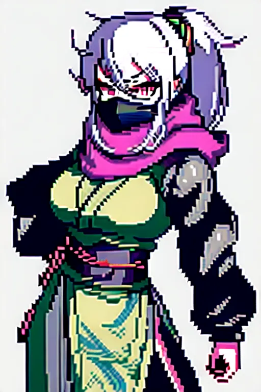 <lora:pixel_art:0.7>((pixelart)),1female , samurai, street samurai, ronin ,smart ninja haircut white colored long hair, hooded cyberpunk clothing white colored, green dragon scales on scarf , dragon themed scarf over mouth , pink colored eyes, cyberpunk attire , wearing face mask, techwear, katana on side of hip, serious looking anti hero type, steel type pokemon trainer, sword in shealth on hip, ((masterpiece))