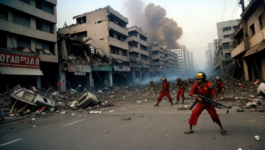 1998 Jakarta riot real photography on the street but amplified 100 times more intense, intense gunfight on the streets, buildings on fire or collapsed in ruins, missiles flying on the sky, night time no electricity