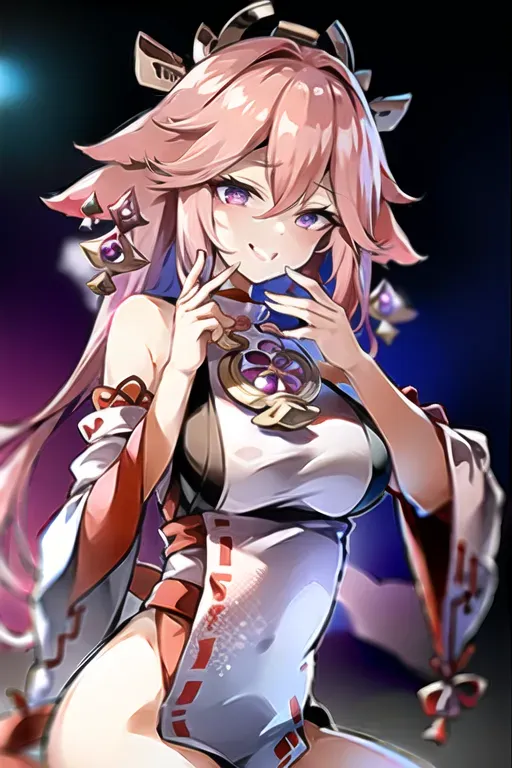 1girl, <lora:dpmg_yae_miko:1>, kpop idol, yae miko, detached sleeves, bare shoulders, pink hair, long hair, japanese clothes, best quality, (painting:1.5), (hair ornament:1.35), jewelry, purple eyes, earrings, breasts, torii, cherry blossoms, lantern light, depth of field, detailed face, face focus, ribbon_trim, (looking at viewer:1.25), nontraditional miko, shiny skin, long sleeves, smile, thick lips, game cg, hands on lips, east asian architecture, (blurry background:1.2), sitting, upper body,
