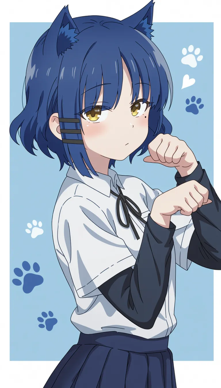 best quality, score_7, score_9, sensitive, very aesthetic, ultra detailed, fair skin, explicit, high contrast, 1girl, yamada ryo,
puteme,
animal ears, blue short hair, blush, cat ears, hair ornament, heart, yellow eyes, black ribbon, black undershirt, blue pleated skirt, hairclip, paw print, white shirt, closed mouth, from side, looking at viewer, solo, white border, parallel hairclips, single paw pose, border, blue hair, neck ribbon, long sleeves, cat girl, short over long sleeves, layered sleeve, collared shirt, animal ear fluff, skirt, shirt, short sleeves, upper body, ribbon, outside border, layered sleeves,
The scene features a young girl with vibrant blue hair and pointed cat ears, wearing a white collared shirt with a black bow tie. She is dressed in a dark skirt and has a small mole under her left eye. Her expression is playful as she looks slightly to the side while holding her right hand up near her face. The background is a simple light blue with paw prints scattered around, adding to the cute and whimsical atmosphere of the illustration.