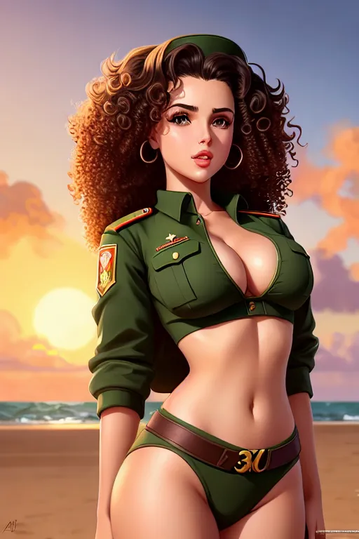 a illustration of,a brazilian girl,wearing soviet uniform,doing sexy pose,on the beach,big breasts,five slender fingers,curly hair,gorgeous face,beautiful lips,green eyes,curved eyebrows,cosy,wearing golden ring,8k,sharp focus,artstation,cgsociety,pixiv