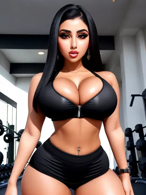 Gorgeous Arab woman, photo gorgeous attractive face, huge bimbo lips, enormous gigantic boobs, (gigantic boobs), black hair, sexy, slim waist, workout gym outfit, photorealistic, best quality, ultra high resolution