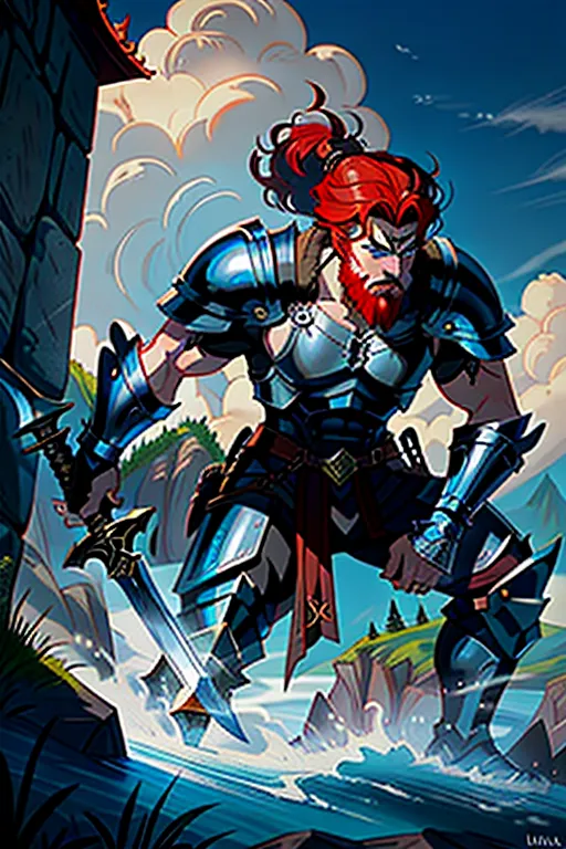 Disney animation, High fantasy, a strong, warrior human, stripping for his princess, wavy red hair, pale skin, angry eyebrows, handsome blue eyes, small nose, strong cheeks, full beard, strong chin, animal skin coat, black leather armor, huge two-handed greatsword, going into battle, battle field, war in the background, castle and dragon in the far background, high definition, 4k quality, excellent lighting, great shading, pristine detail, very clear picture, vibrant colors, accurate at lower promp guidence, ultra realistic, five fingers per hand.