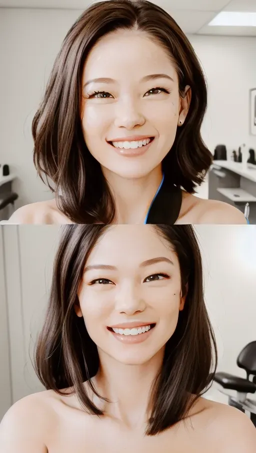 a cute photo in the dentist office, mostly naked, smiling, ((accurate face)), ((accurate hair)), ((((ultra-realistic ultra-detailed ultra-defined natural-looking facial features)))), textured skin,