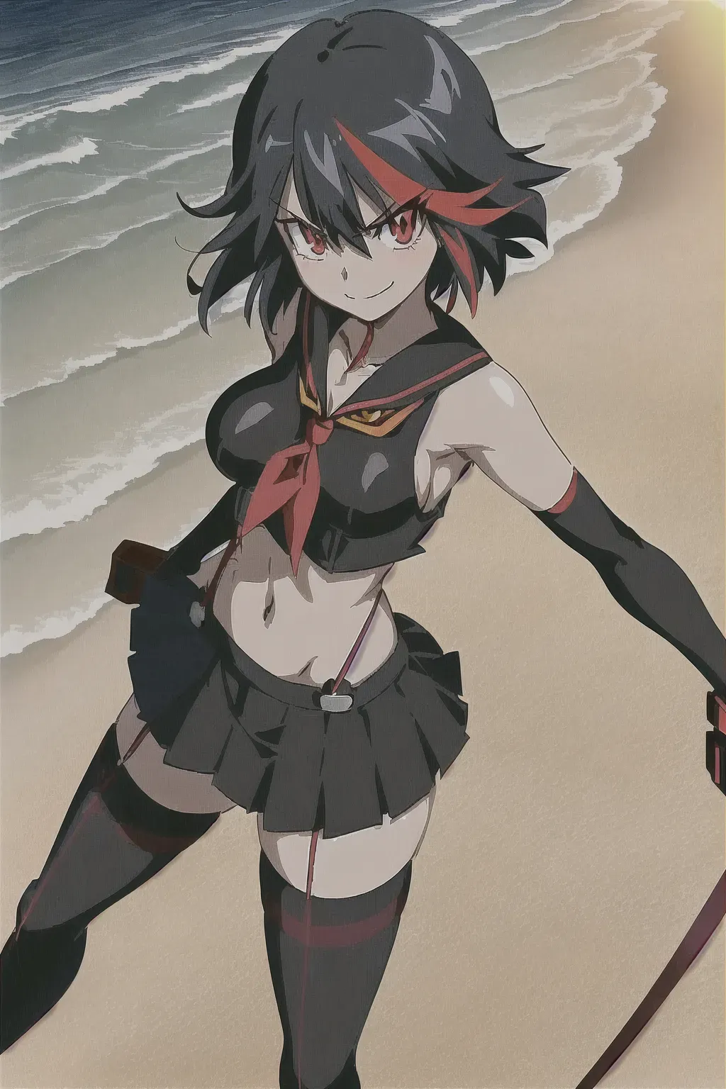 ryuko matoi, kill la kill, wearing black red 25 ((sengetsu)) kill la kill, normal black skirt, black leg stockings with red ((straps)) (connected) to black mini skirt, black gloves, red Boy Scout kerchief, slender body, tall body, red eyes, shiny 250 short hair down, normal boobs, red scissor blades,(masterpiece), (texture skin), dark outline, translucent, clean line work, highly detailed, high definition, HD wallpaper background Summer beach, sand, waves, rocks, smile, double pass