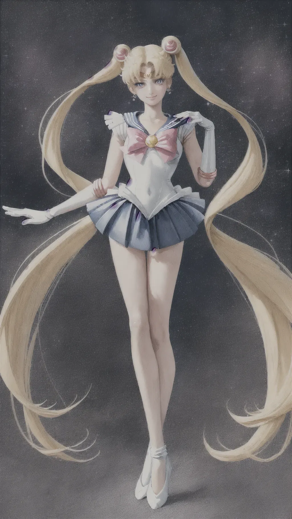 Illustration of Sailor Moon as cute and innocent girl with flowing blonde twintails and slim long legs, white gloves, detailed sparkling eyes, gorgeous smile, high res 4k detail, detailed realistic hand, intricate fingers