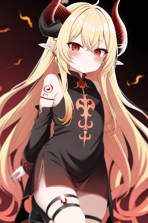 loli, blond long hair, red eyes, demon, tatoo, horns, fire,