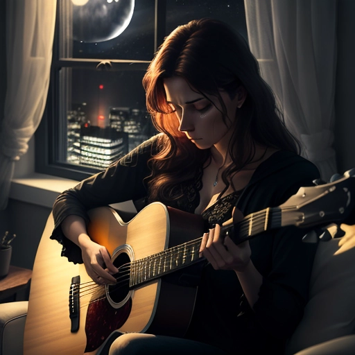 Beautiful woman sitting in a living room playing guitar, sad, tears running down her face, emotional, gloomy, dark, powerful, (night time), (moonlight through the window)