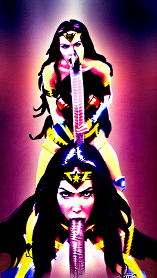 a graphic illustration of Wonder Woman on her knees ((((sucking the long thick cock)))) of an ancient warrior. cum all over her face, tears in her eyes