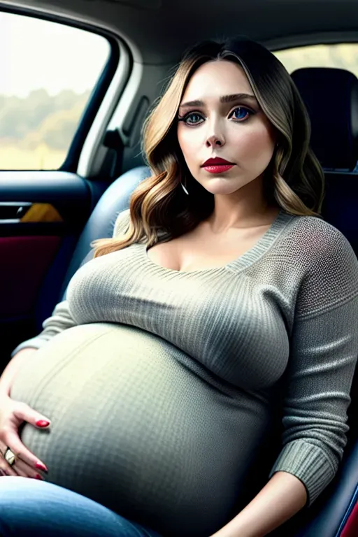 A realistic photo of, Elizabeth Olsen, sitting, in a car, pregnant, highly detailed, pregnant, large belly, front view, sweater, jeans, accurate face, large breasts, four slender fingers, gorgeous face, beautiful red lips, smooth skin, detailed large eyes, pregnant, curved eyebrows, eyeliner, cinematic lighting, unreal engine, bokeh