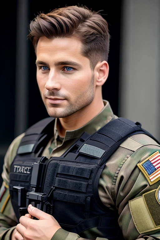 realistic_photo, photorealism, god, male, european, brown_hair, blue_eyes, (((tactical_military_clothes))), tactical_top, tactical_pullover, realistic, solo_focus, smile, sfw, safe_for_work, muscular, masculine, male, guy, ((front_view)), , eye_contact, frontal_pose, salute, frontal body view