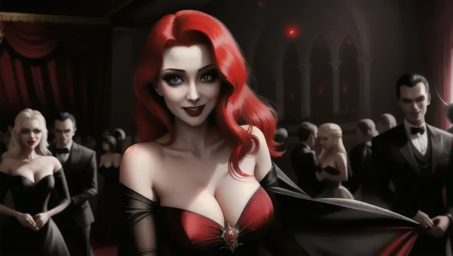 medium shot of the sexy vampire vixens of Dracula hungerly at an erotic party with their redheaded hypnotized victim. Drinking, dancing, kissing, seducing their hypnotized victim, placing upon her head a shadowy veil. on a foggy moonlit night in the shadowy ballroom of a decerped old castle. Beautiful redhead still human victim early mid-thirties moderate breasts good sweet innocent, big soft round eyes, warm smile Anna of Arendelle in an elegant Nordic ballgown.
photorealistic. High resolution