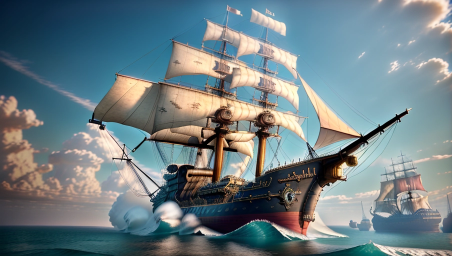 High resolution 4k image (((exterior shot))) steampunk flying galleon ship with a blimp instead of sails. ((No sails)) blimp attached to the top of the ship