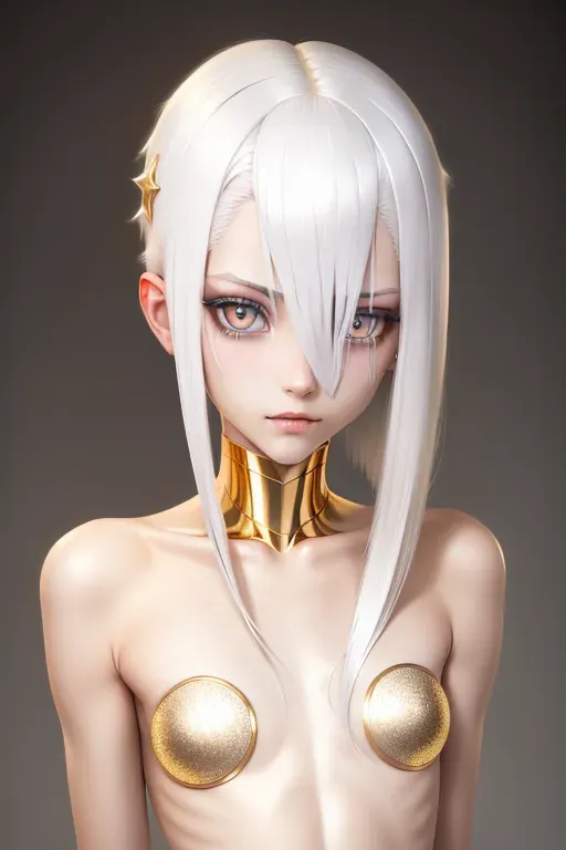 platinum hair, gold eyes, fair skin, skinny, shy, beautiful, innocent