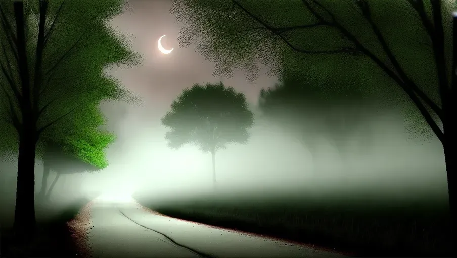 digital photo of film noir country lane, drugstore in distance, dark, park, trees, foggy, night, half moon