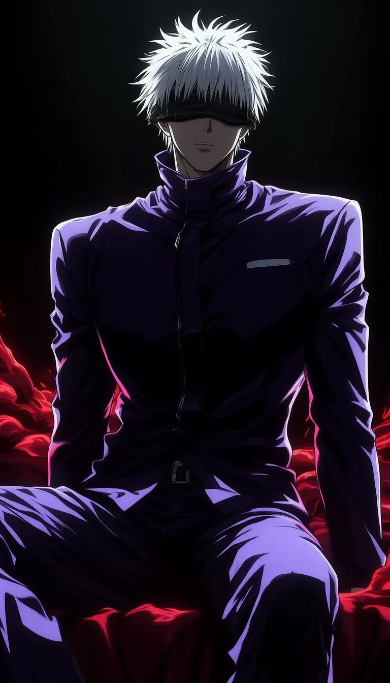 dark_art_style, (gojou satoru:0.6), white hair, purple pants, high collar, blindfold, covered eyes, black blindfold, purple jacket, purple pants, 1boy, solo, alone, masterpiece, highres