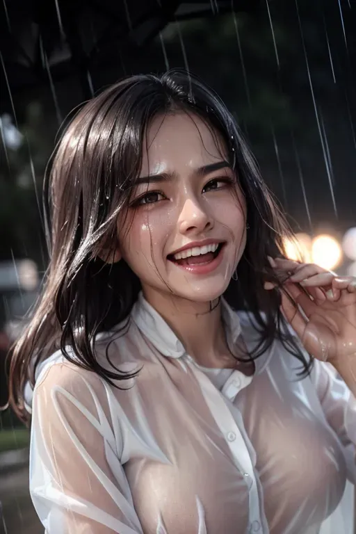 in the rain, wet clothes, transparent clothes, transparent, picking up a lost dog, frowning, wet, can see genitalia through clothes, can see breasts through clothes, embarrassed, accidental, fully clothed