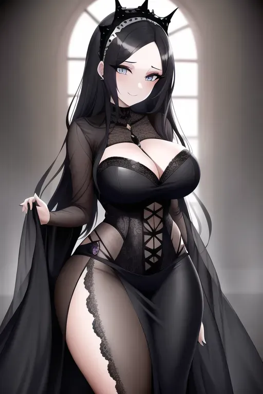 illustration, 25 year old, a gorgeous gothic girl, thicc, goth clothes, black, photo studio, daytime, scatter light, happy, 8k, professional