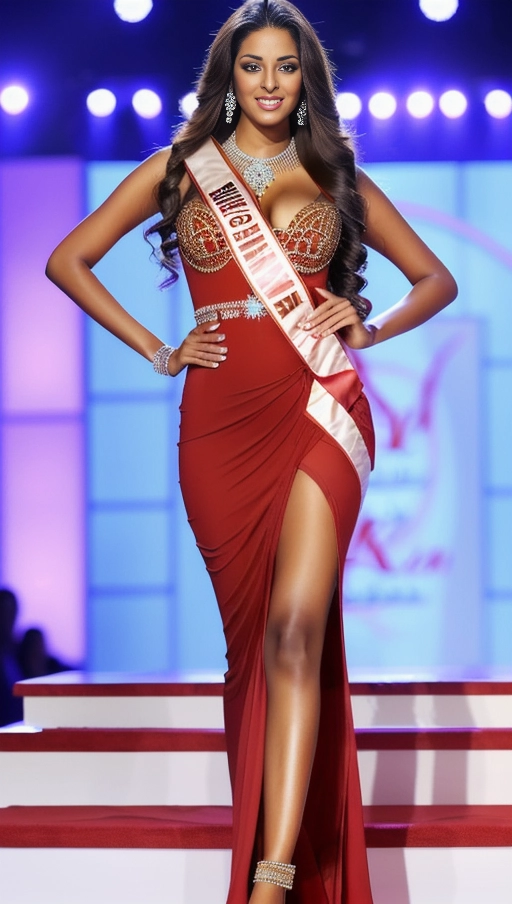 a beautiful young tall (teenage) model with long hair ((largest hugest brown eyes:1.2)),
realistic, masterpiece, wearing a red dress in a ((beauty pageant catwalk)), (full body framed), tiara, diamond jewellery, stilettos, makeup, large breasts