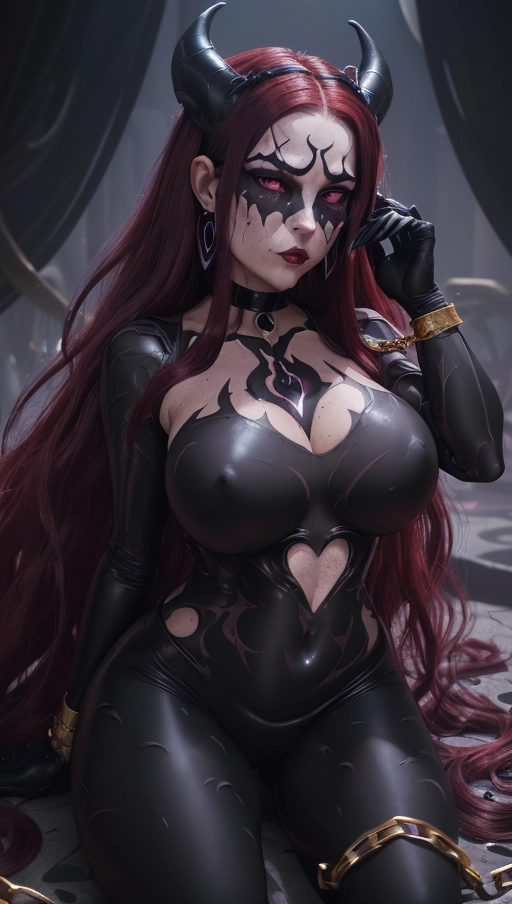 best quality, (((ultra high res))), (detailed face and eyes), (succubus), hearts, ((perfect face)), (necklace), (((big choker))), golden earrings, jewelry, gloves, ((gold)), (((big pink diamond diadem))), (big pink diamond crown), hourglass body, ((handcuffs)), handcuffed, ((((chained)))), (tied up), ((((black symbiote goo suit)))), ((((symbiote succubus)))), ((big cameltoe)), ((((burgundy red hair)))), ((((extremely long hair)))), ((((straight hair)))), ((black boots)), ((((black symbiote neckholder suit)))), (((black legs))), (((black gloves))), (((((very long voluminous hair))))), (((((hair raising succubus))))), ((((raising hair)))), (((((very voluminous hair))))), ((black symbiote hips)), ((black symbiote thighs)), ((perfect eyes)), ((((face closeup)))), (((black symbiote leggings))), (((corruption))), ((((burgundy red hair everywhere)))), ((huge tits)), ((huge boobs)), (((heart))), ((((black tight t-shirt)))), ((((black symbiote goo corruption face)))), (((symbiote girl masquerade))), pink shining eyes