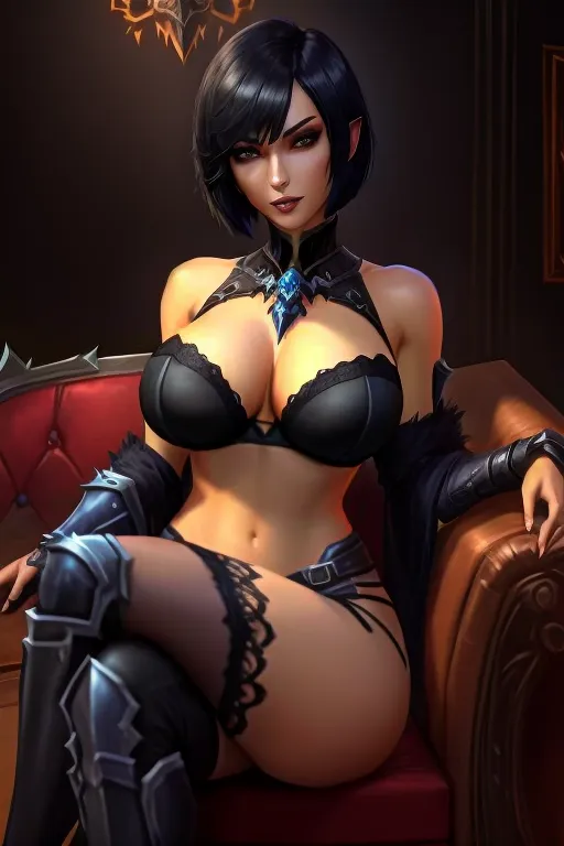 world of warcraft, human female, death knight, black bra, short black bob cut hair, big tits, large breasts, black nylon stockings, sitting on a couch, crossed legs, holding her breasts,