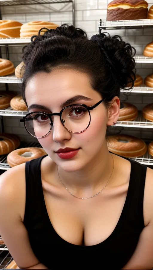 18 years old bakery shop lady, lying flat in back stock, short black curly hair in a bun, full lips, black metal frame round gasses on peak of nose, beautiful dark shining eyes, defined cheeks, defined jaw, small, thin chest, shy smile, nice teeth, high angle camera view, <lora:dpmg_imminent_fuck:1>
