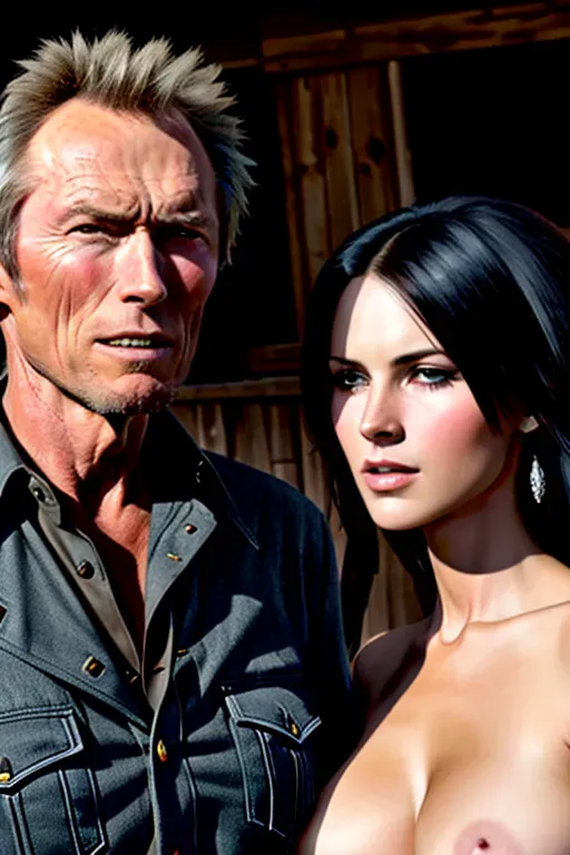 A high resolution 8K photograph of, Clint eastwood, as a cowboy, with a topless girl nearby, looking at me
