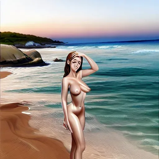 Fully nude, on the beach,beautiful realistic breasts, perfectly displayed human vagina, perfect face features