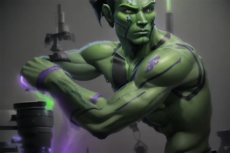 Mirialan, Muscular male, (((green skin))), black tribal tattoos, long black hair, purple eyes, cheerful, gray shirt, gray pants, futuristic clothing, alien, sfw, headshot, masterpiece, absurdres, ((((solo focus)))), 8k, perfect edges, ultra realistic, perfect anatomy, low light, perfect face, fine details, realistic shaded, realistic body, photoshoot, male