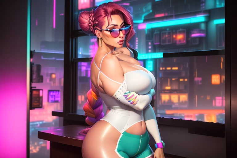 high resolution, ,photoreal, full body portrait, In the foreground a female wearing a colorful sexy top and shorts, the fabric of her outfit clings to her accentuating her appealing generous figure, striking a curvy confident pose, long flowing hair in two buns and braids, flirty, alluring, curvy, Thin waist, huge chest, sexy legs. in the background a large window overlooking a futuristic bustling neon city at dusk