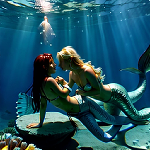 Lesbian topless mermaids are floating in pool, underwater shot of entwined homosexual mermaids closely entwined
mermaids in love wrapping their fish tails together in a spiral ((Christina Aguilera and Britney Spears))