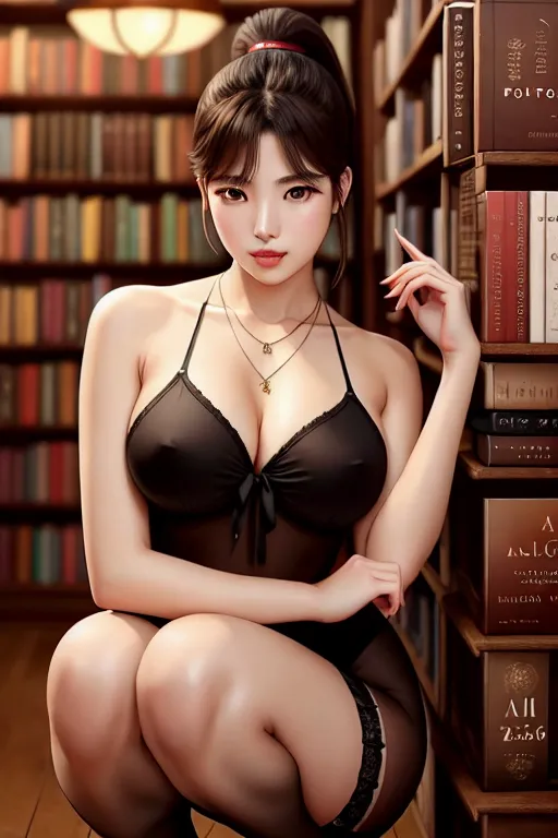a oil painting of,bae suzy,wearing stockings,squatting,at the bookstore,five slender fingers,ponytail,beautiful face,beautiful lips,curved eyebrows,smooth skin,cosy,wearing necklace,studio lighting,highly detailed,ultra realistic,pixiv,sharp focus