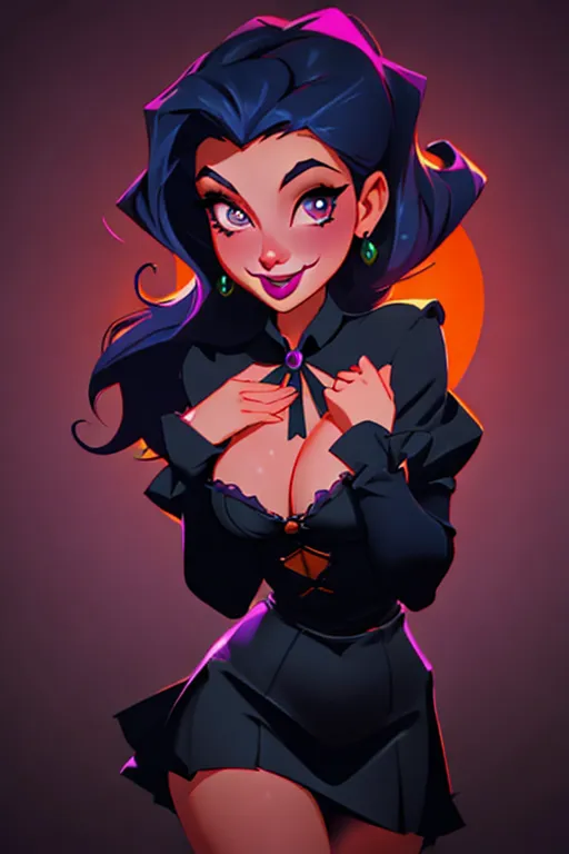 Full color, Halloween, gorgeous witch, cauldron, warm sexually welcoming smile, closeup, 1940s style pinup hairstyle and makeup, looking into the camera lens, deep plunge sweetheart style navel revealing neckline, cleavage, miniskirt, sexually aroused, Halloween decorations, sexually excited,