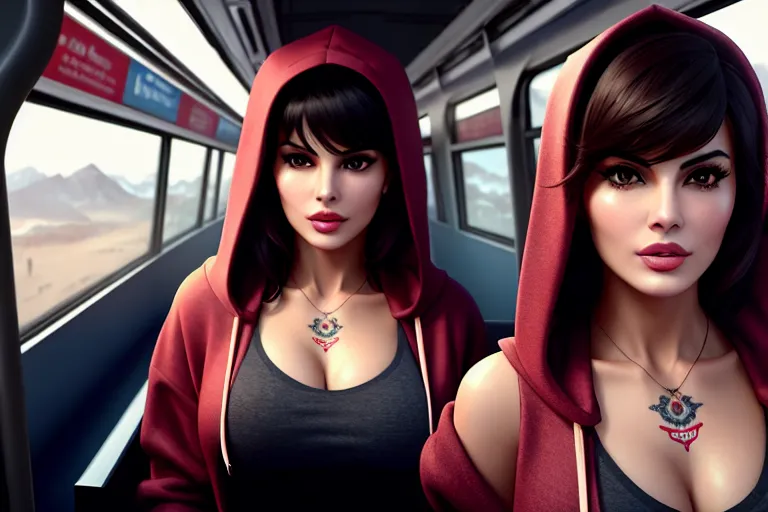 a digital painting of,jacqueline fernandez,wearing hoodie,standing,in the bus,natural breasts,five slender fingers,bangs hairstyle,gorgeous face,beautiful lips,curved eyebrows,pale skin,cosy,tattoo,cinematic lighting,cgsociety,surreal,sharp focus,8k