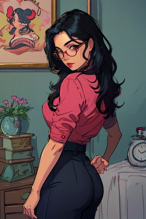 1970s, Beautiful, sexy, 70s FBI detective, Latina, long black hair, 70s hair style, pink head band, round glasses, Alexandria Ocasio-Cortez, full lush red lips, cute narrow chin, soft and curvy build, small perky breasts, thin waist, thicc ass, full thighs, smooth legs, cute feet, pink scruffled unbuttoned casual shirt, tight pleated navy blue slacks, butt crack, thicc hips, laying down on her back, on the bed, inviting me to impregnate her, in the bedroom, playing with and rubbing her pussy and crotch, dim lighting in the room, FBI badge on the nightstand, ((high definition)), ((4k quality)), ((excellent lighting)), ((great shading)), ((pristine detail)), ((really clear picture)), ((beautiful vibrant colors)), ((accurate at lower prompt guidence)), ((ultra realistic)), (((five fingers per hand))), (((two arms per person))), (((two legs per person))), (((two hands per person))), (((two feet per person))), ((((100 percent according to prompt))))