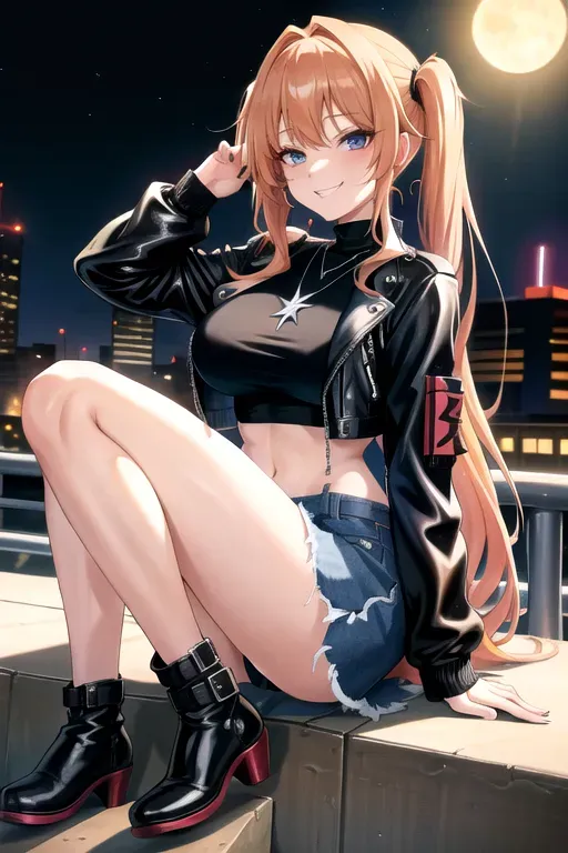 full body, strawberry blonde hair, hazel eyes, short girl, denim miniskirt, black high heeled boots, looking at viewer, long hair, pale skin, silver necklace, black crop top, 24 years old, giant breasts, cute face, pov, wavy hair, city environment, Oklahoma City, wide eyes, erotic, skirt tug, leather jacket, nighttime, black backpack, slim body, low pigtails, sitting on wall, smiling