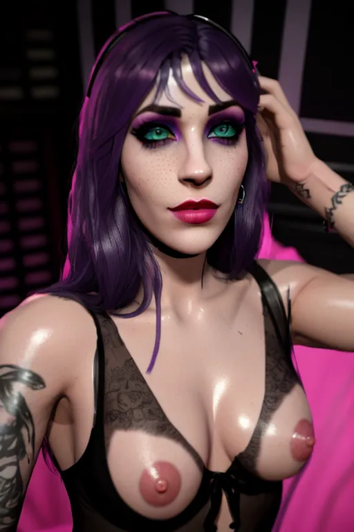 <ti:SadSin2VH> <lora:OpenJourney-LORA:0.5> <lora:big-head:0.5> big head doll cute slender skinny anorexic college girl sensual and erotic photography, topless pale nipples in frame, sheer black long sleeves with colorful intricate floral lace, nudity, very pale lavender lipstick, nipples, topless, emo girl with cat ears, mesmerizing eyes, freckles, neon tattoos, on a bed totally naked and nude spreading her legs, proportionally sized boobs, gothic decorated, pink wet pussy, cute feet, blue hair, pink nails, no bra no panties, blade runner aesthetic, pretty face, messy makeup, messy hair, highly detailed background, realism masterpiece, confident, lustful, crazy, nymphomaniac, stunning, slender, armpit hair, heavenly lips, pink nipples, shadman style, shadman, dramatic lighting, shy, embarrassed, extremely beautiful and cute emo girl, highest resolution, dpmg_runny_makeup_v1, professional photography, Cinestill 800T Canon 5D DSLR, neon ray tracing,