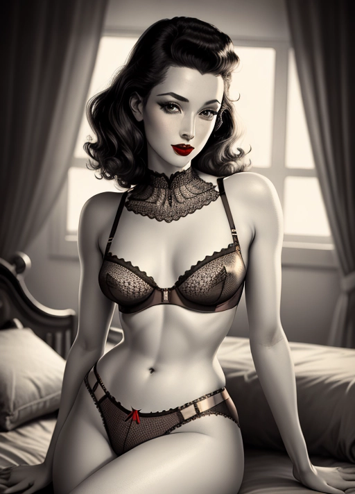 sexy vintage pinup, (bullet bra), vintage porn, vintage lingerie, pointed breasts, vintage bra,
((photorealistic)), (filigree)
Nipples exposed,