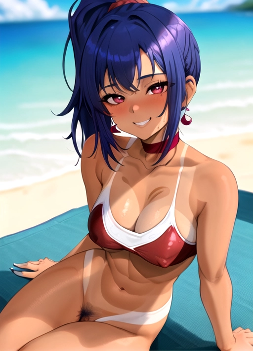 Maroon bikini top, blue hair, ponytail, bangs, cute, young, (((pubic hair))), tan skin, (((busty))), 18yo, sitting, perfect pussy, pussy in view, on the beach, smile