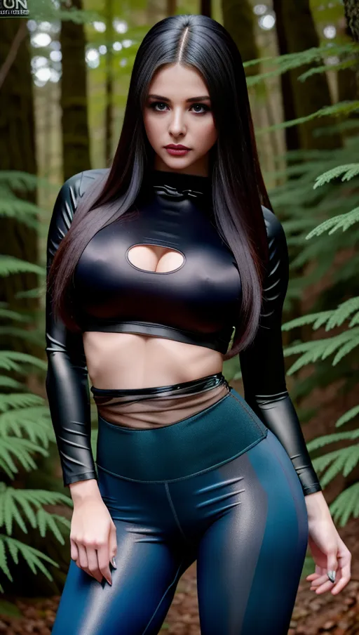 NSFW, 8k high detail photo shot, wearing sheer tight leggings, standing in the forest, five slender fingers, silky hair, charming face, beautiful lips, blue eyes, curved eyebrows, curved eyelid, pale skin, satisfaction, tattoo, ultra realistic, smooth, 8k, studio lighting,