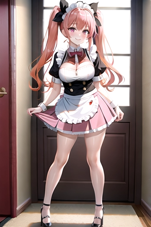8k quality, pink eyes, pale white skin, orange hair, giant breasts, cleavage, looking at viewer, pov, long hair, wavy hair, full body photo, standing in living room, smiling, maid outfit, miniskirt, asian, pigtails, high heels