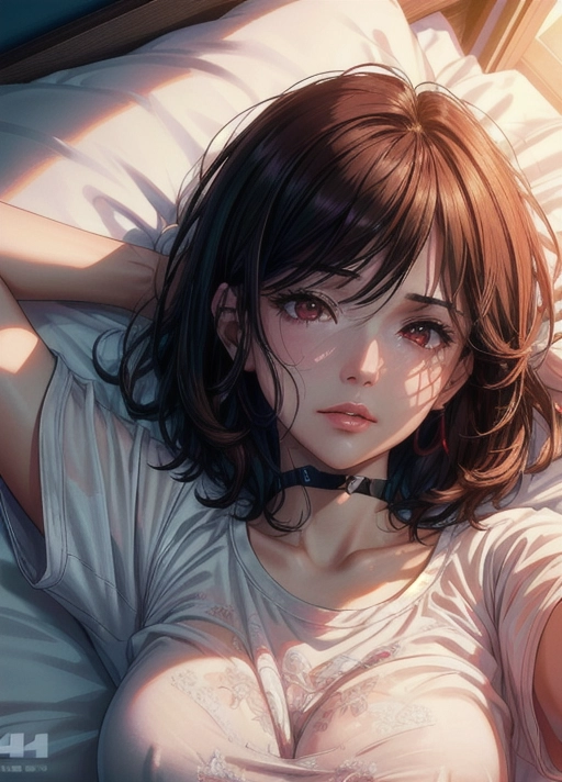 (Best quality, high quality cinematic film wallpaper, high res, 4k, HDR, UHD), 1 adult woman, (a breathtaking masterpiece of extreme close up portrait of an adult woman waking up in a modern cluttered bedroom), (short messy brown hair with bob cut, (oversized tshirt) and panties, black choker:1.2),
(correct slender human anatomy), (extremely detailed half closed red eyes with sleepy expression:1.27), (extremely detailed view of realistic face with sleepy expression:1.32), (beautiful detailed full lips frowning:1.27), zoomed in detailed view of realistic face and boobs,
(dim room early in the morning with soft sun rays), ethereal, hyperrealistic skin with pores and blemishes, five slender high quality fingers, (pov from high above looking down at her),
close up cinematic composition portrait of a sleepy woman lying in bed of in a cluttered modern highrise apartment bedroom, soft focus, sharp and clear image, (candid:1.1), (flat shading stylised art:1.07), <lora:dpmg_add_detail:0.72>, (physically-based ray tracing, photon mapping, photorealistic:1.45), ((high resolution masterpiece, 4K, HDR, UHD:1.45)),